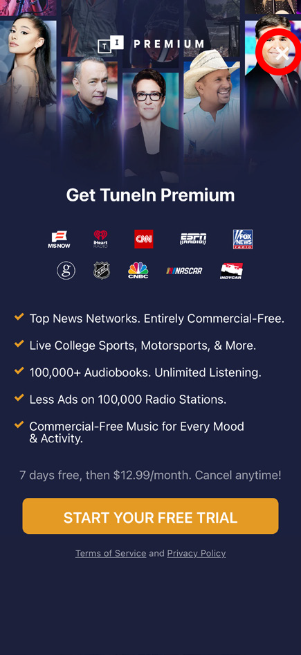 TuneIn subscription prompt