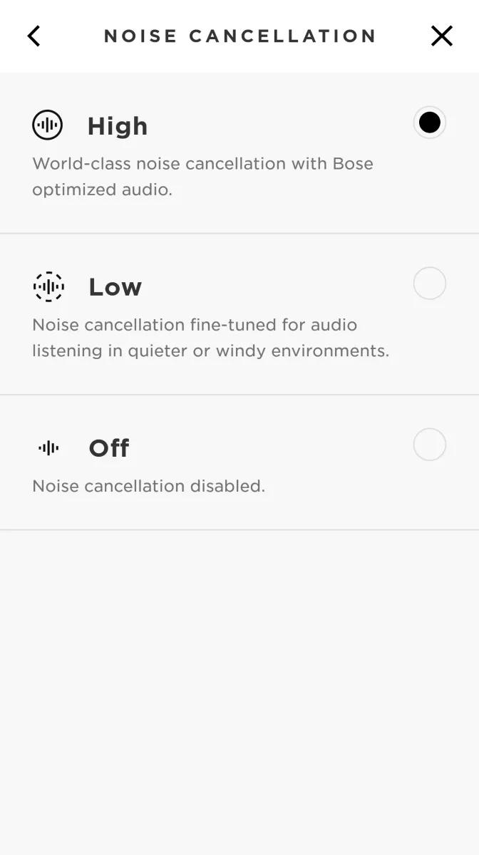 The Bose Connect app noise cancellation screen