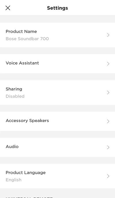 bose app product setttings menu