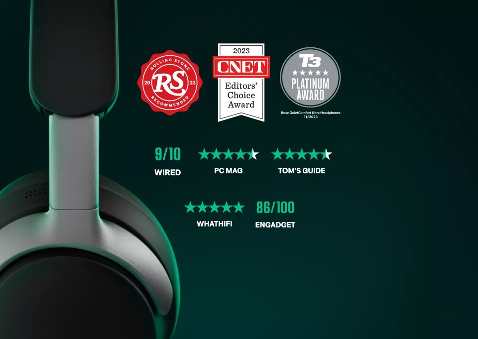 Rolling Stone Recommended 2023 badge, CNET Editors' Choice Award 2023 badge, T3 five-star Platinum Award 11/2023 badge, Wired 9/10 rating, PC Mag 4.5/5 stars, Tom's Guide 4.5/5 stars, What HiFi 5/5 stars, Engadget 86/100 rating