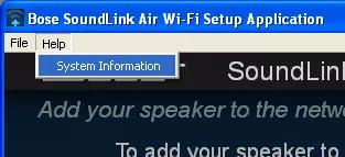 SoundLink setup application screen highlighting system information under help