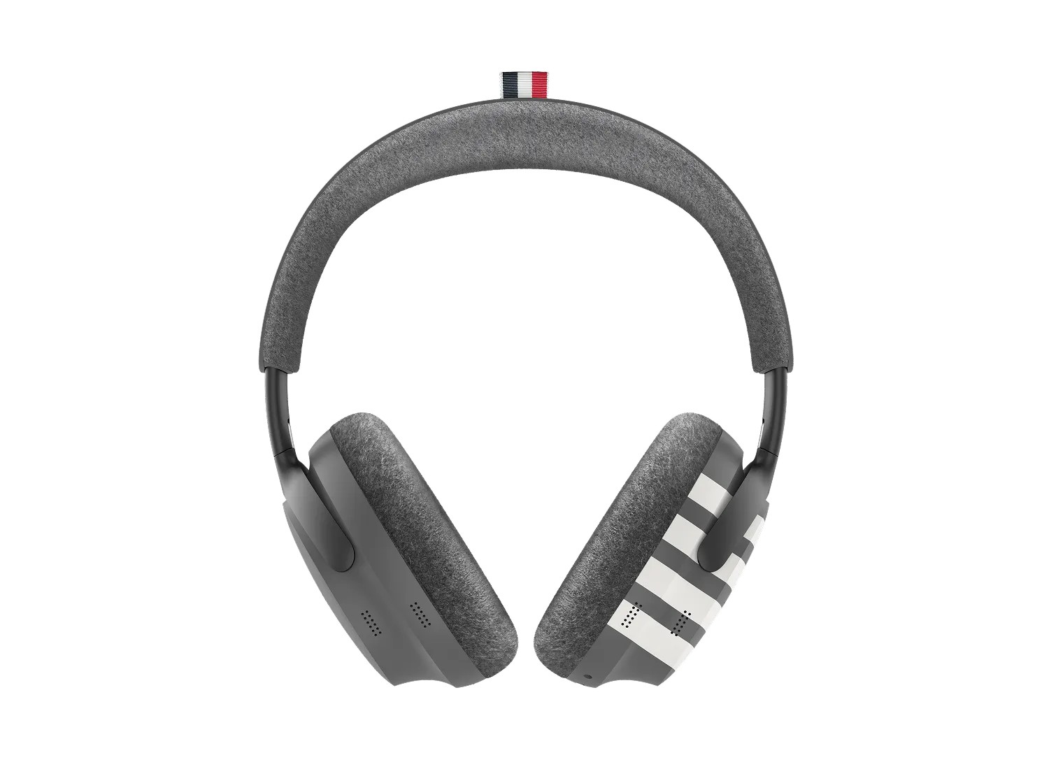 Front view of the Bose x Thom Browne QuietComfort Ultra headphones with the grosgrain tab on the headband