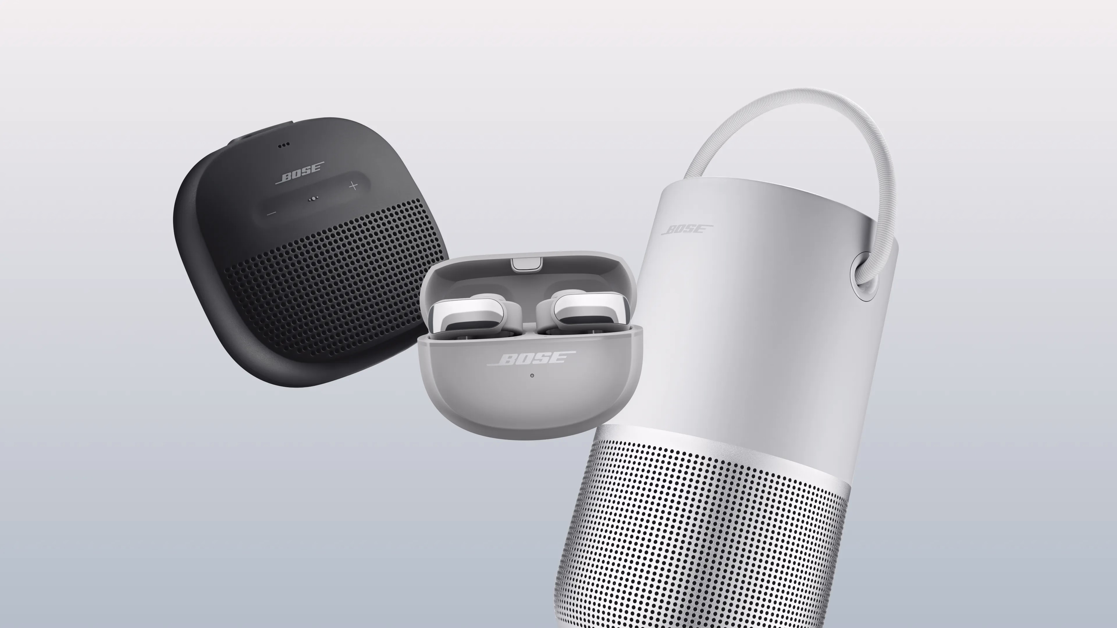 Bose SoundLink Micro Portable Speaker (2nd Gen), Ultra Open Earbuds, and Bose Portable Smart Speaker.