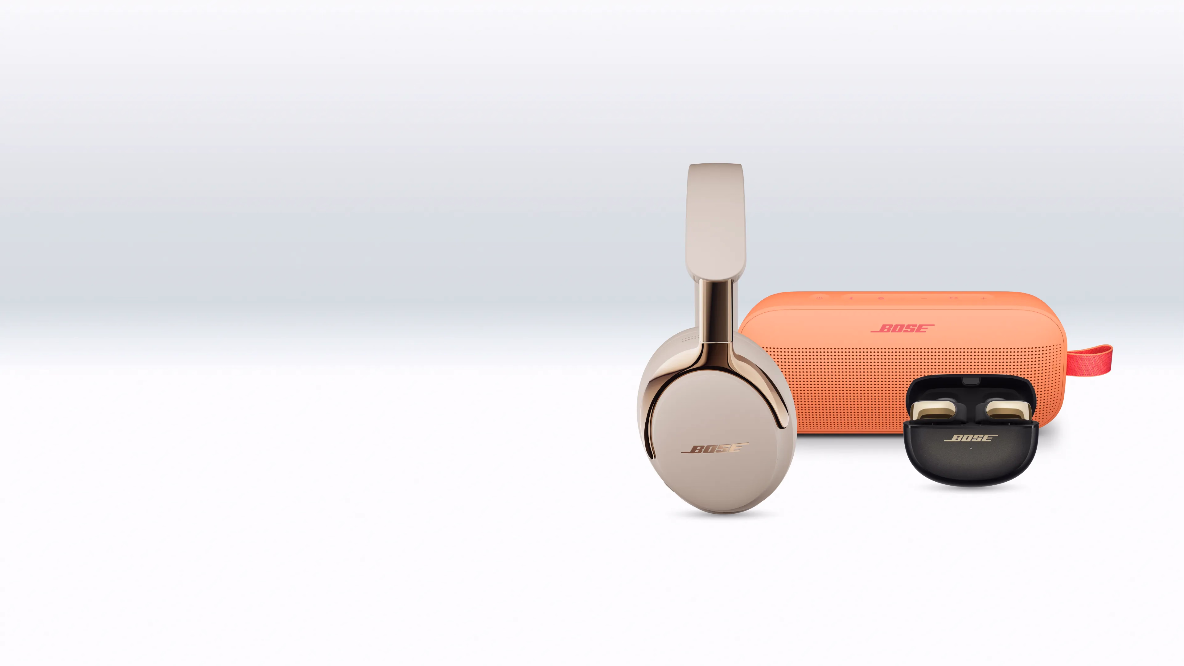 Bose QuietComfort Ultra Headphones (2nd Gen), SoundLink Flex Portable Speaker (2nd Gen), and Bose Ultra Open Earbuds.