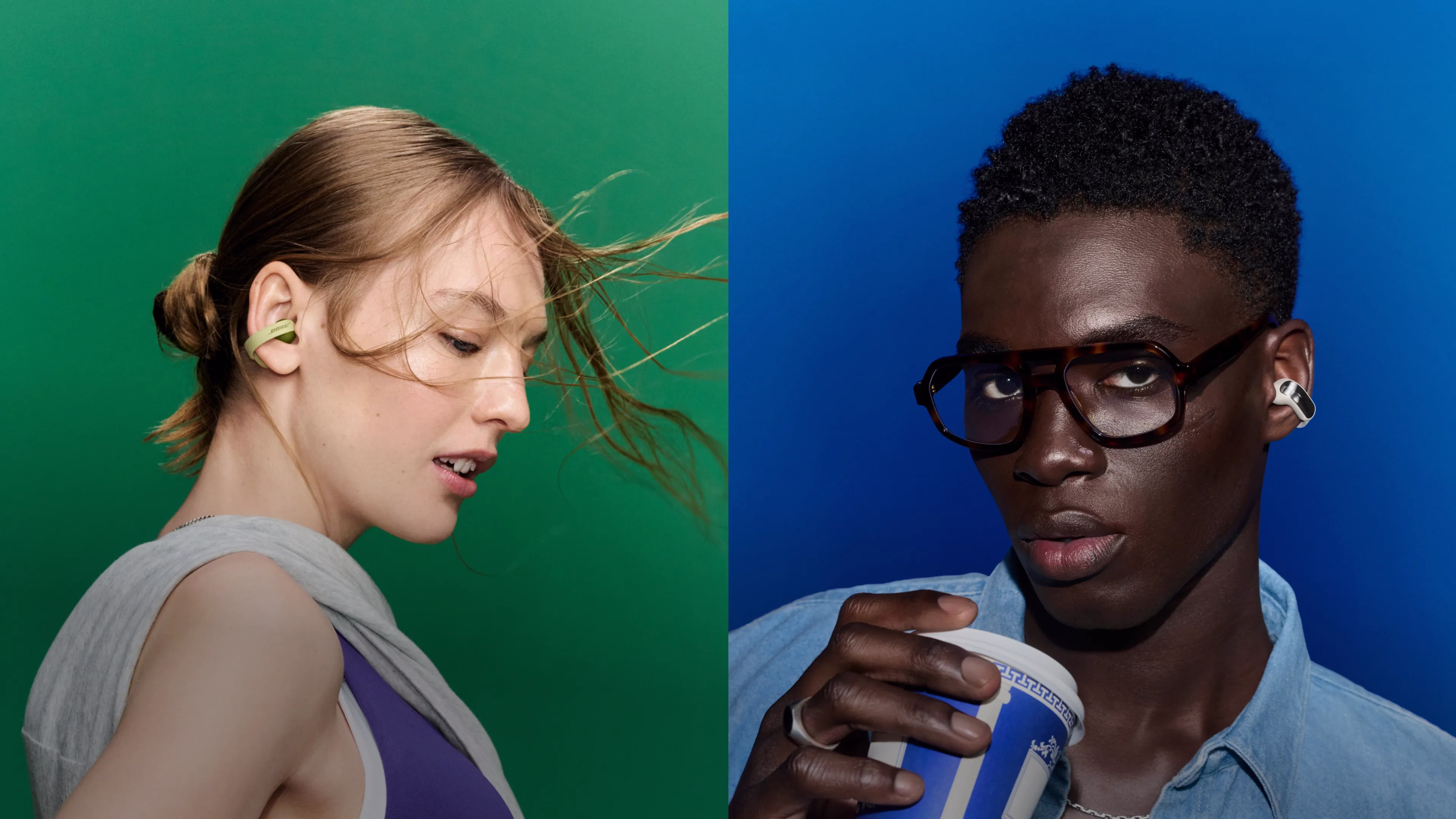 Bose Sport Open Earbudsを着けた女性とBose Ultra Open Earbuds (第2世代) を着けた男性。
