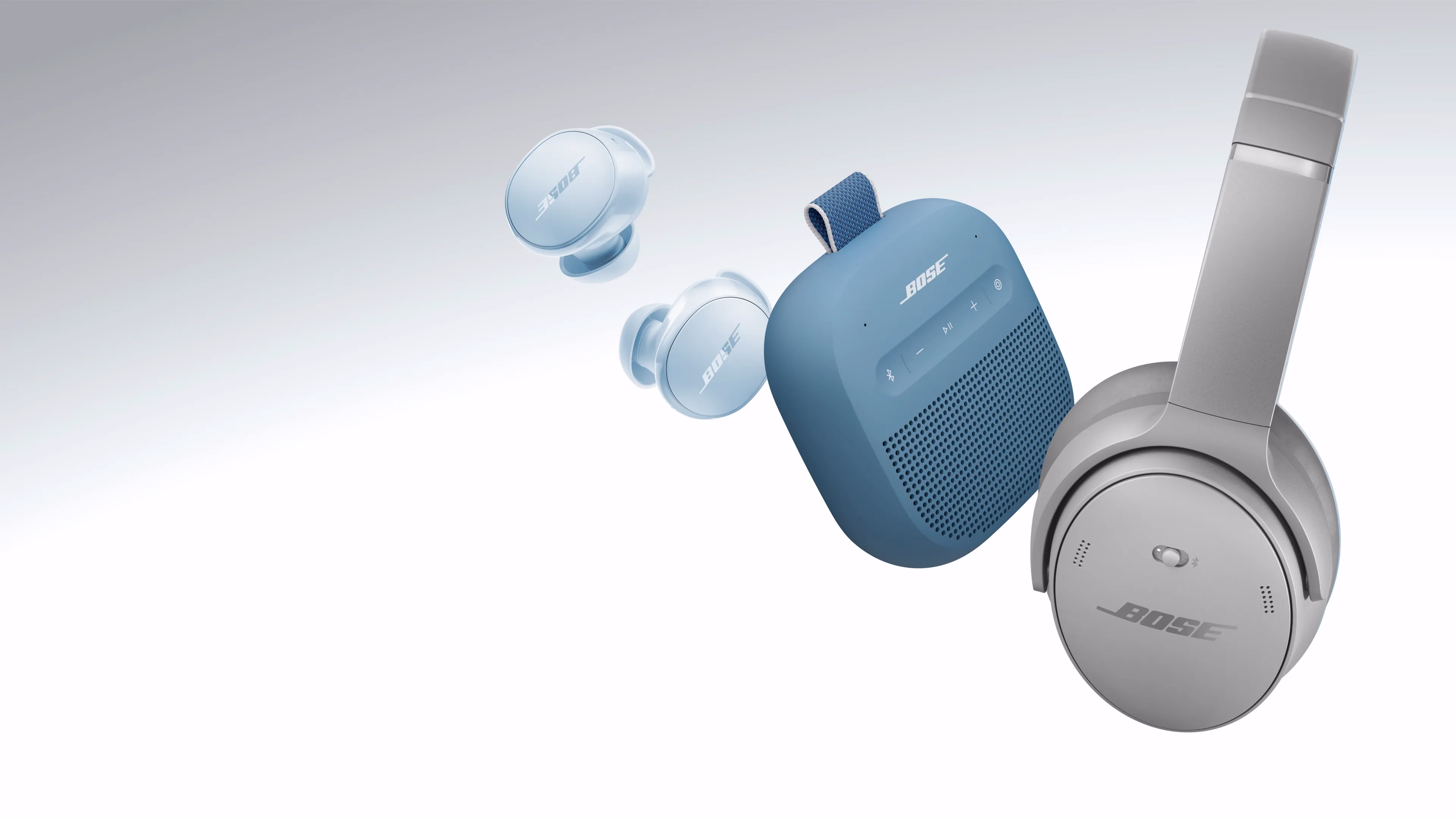 Bose QuietComfort Earbuds, SoundLink Micro Portable Speaker (2nd Gen) and QuietComfort Headphones.