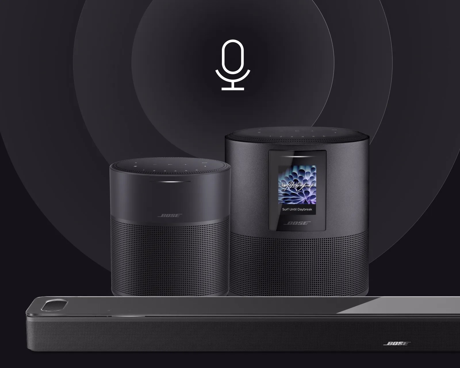 Bose Smart Speaker 500, Smart Speaker 300, and Smart Ultra Soundbar with a microphone icon showing soundwaves.