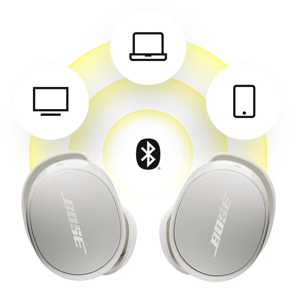 Bose QuietComfort Earbuds showing Bluetooth multipoint connectivity with various devices.