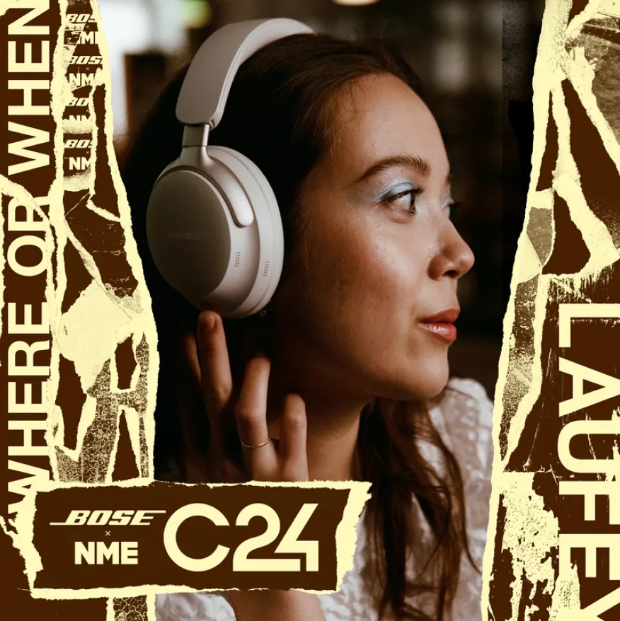 Bose x NME C24 logo and Laufey wearing Bose QuietComfort Ultra Headphones