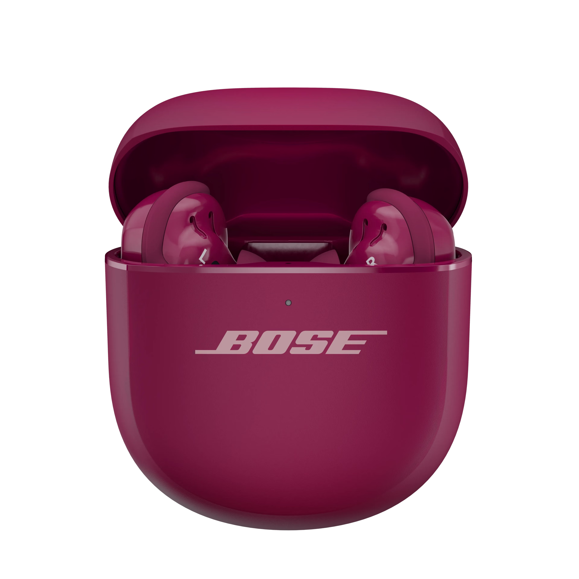 Deep Plum QuietComfort Ultra Earbuds (2nd Gen) inside the case opened standing in a white background. 