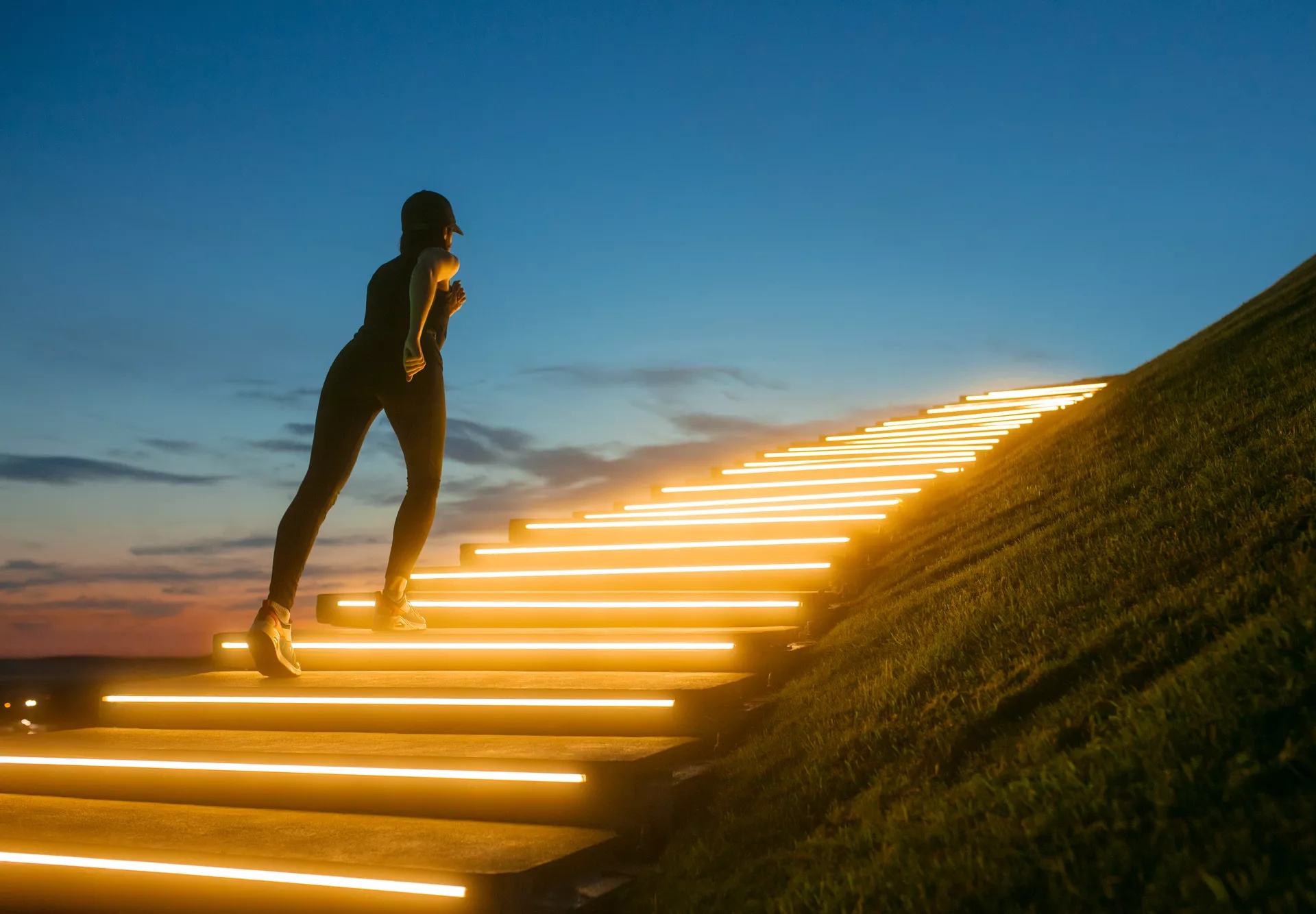 Person running up stairs outside