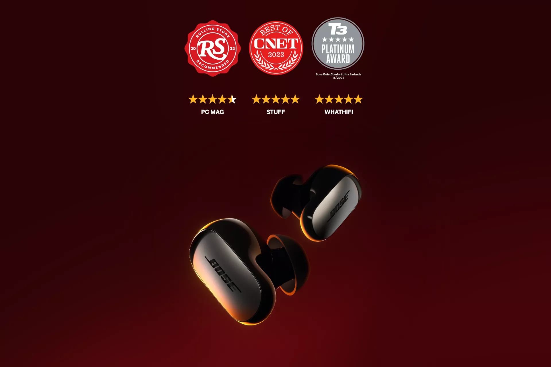 Rolling Stone Recommended 2023 badge, CNET Best of 2023 badge, T3 five-star Platinum Award 11/2023 badge, PC Mag 4.5/5 stars, Stuff 5/5 stars, What HiFi 5/5 stars, Engadget 88/100 rating