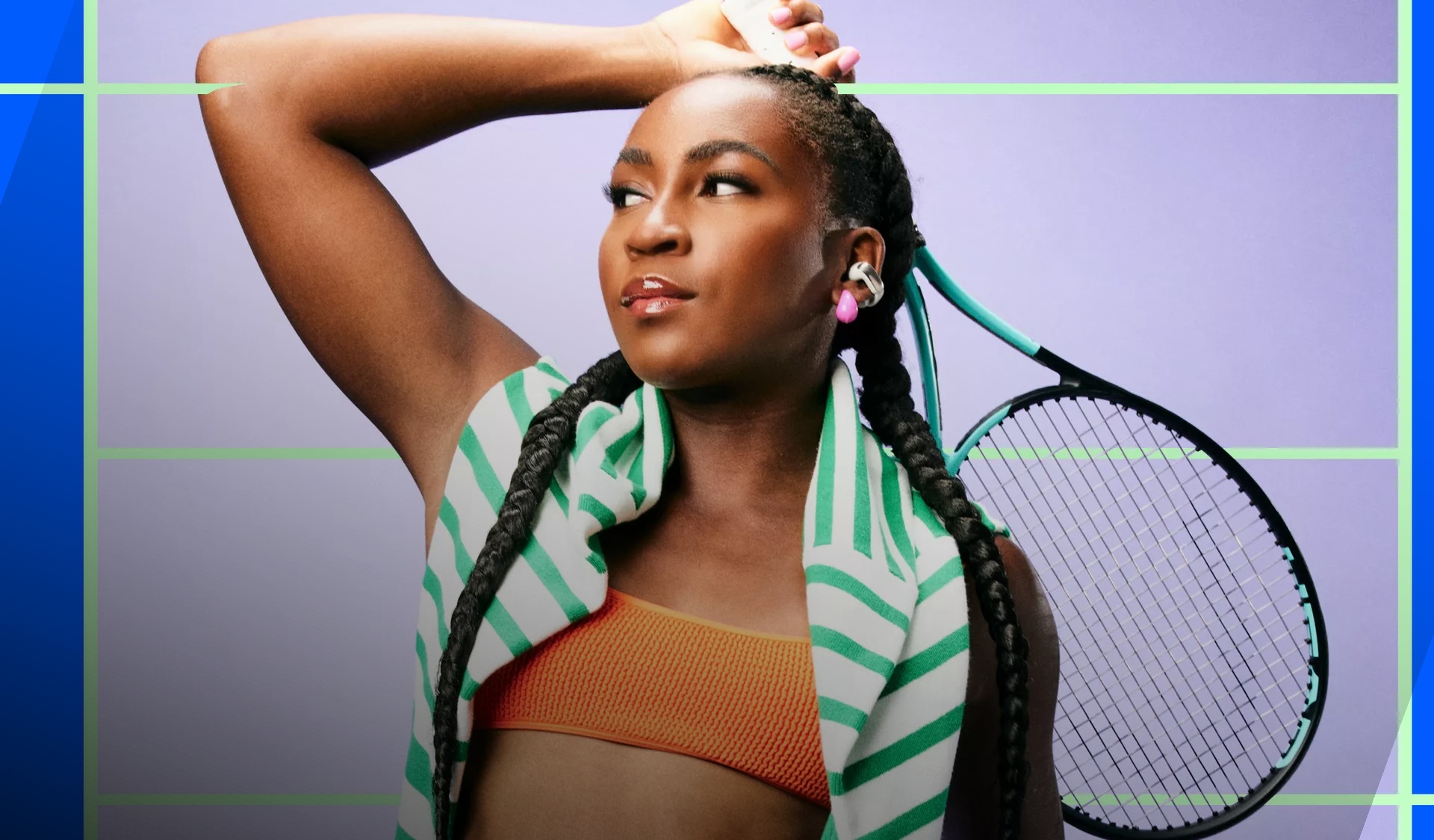 Coco Gauff holding a tennis racket and wearing Bose Ultra Open Earbuds