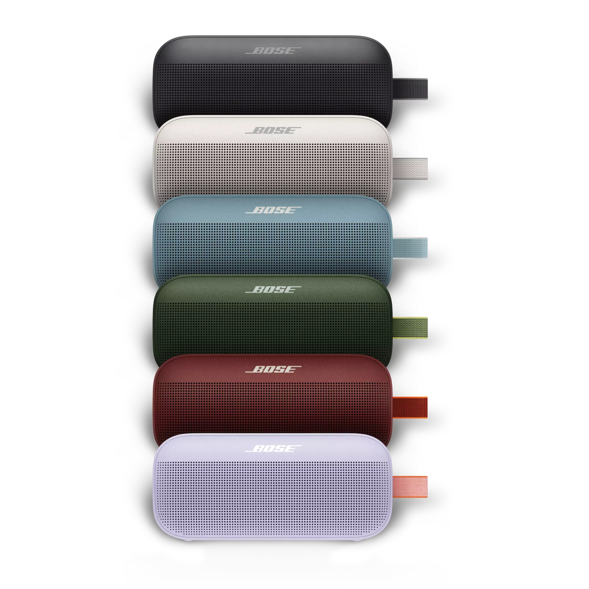 SoundLink Flex Bluetooth Speakers shown in Black, White Smoke, Stone Blue, Cypress Green, Carmine Red, and Chilled Lilac