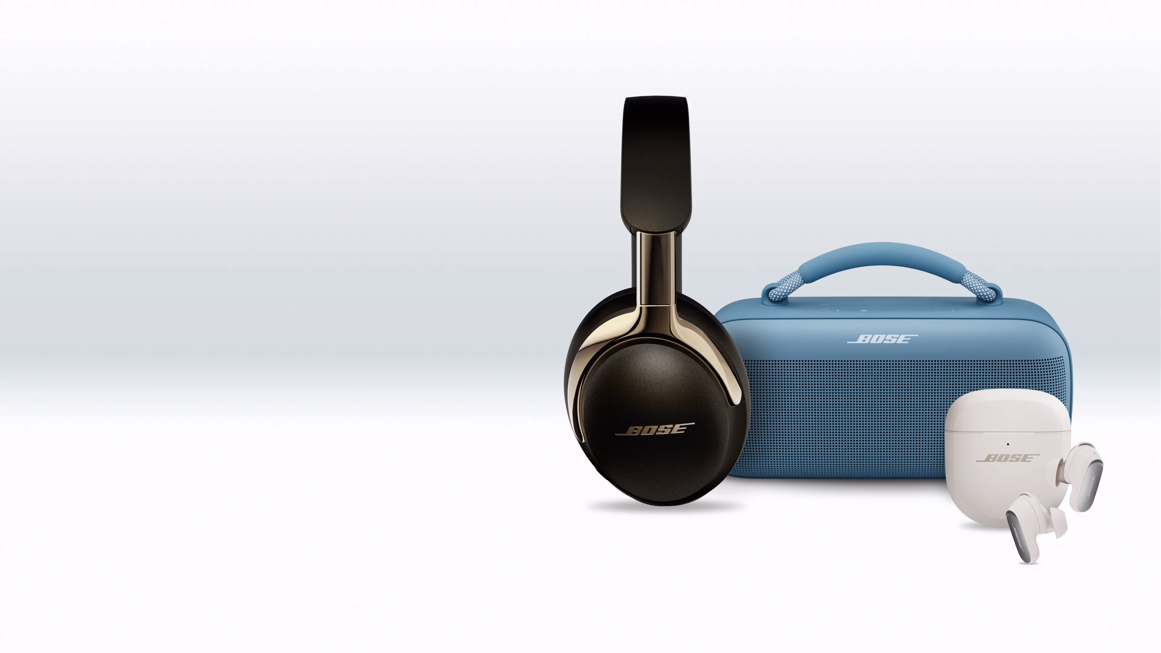 Bose QuietComfort Ultra Headphones (2nd Gen),  SoundLink Max Portable Speaker, and QuietComfort Ultra Earbuds (2nd Gen).