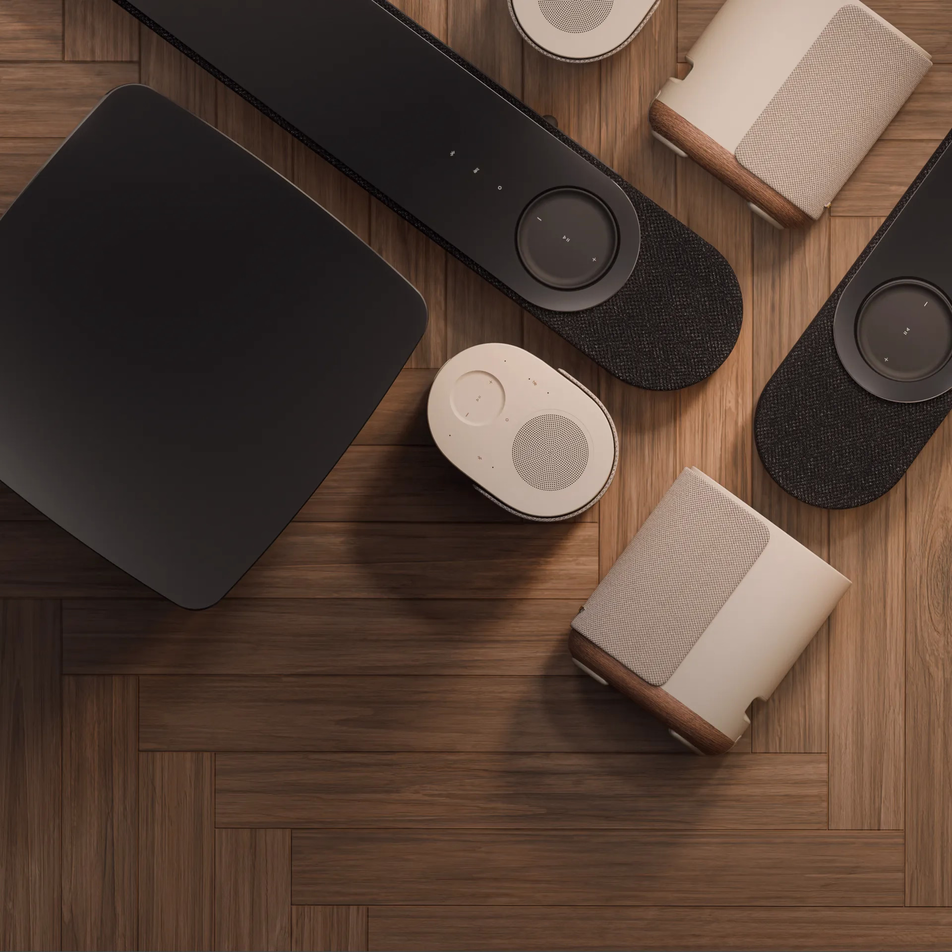 Lifestyle Ultra home audio system featuring the Lifestyle Ultra Soundbar, Lifestyle Ultra Speakers, and Lifestyle Ultra Subwoofer arranged together, showcasing a premium wireless surround sound setup in a wood floor.