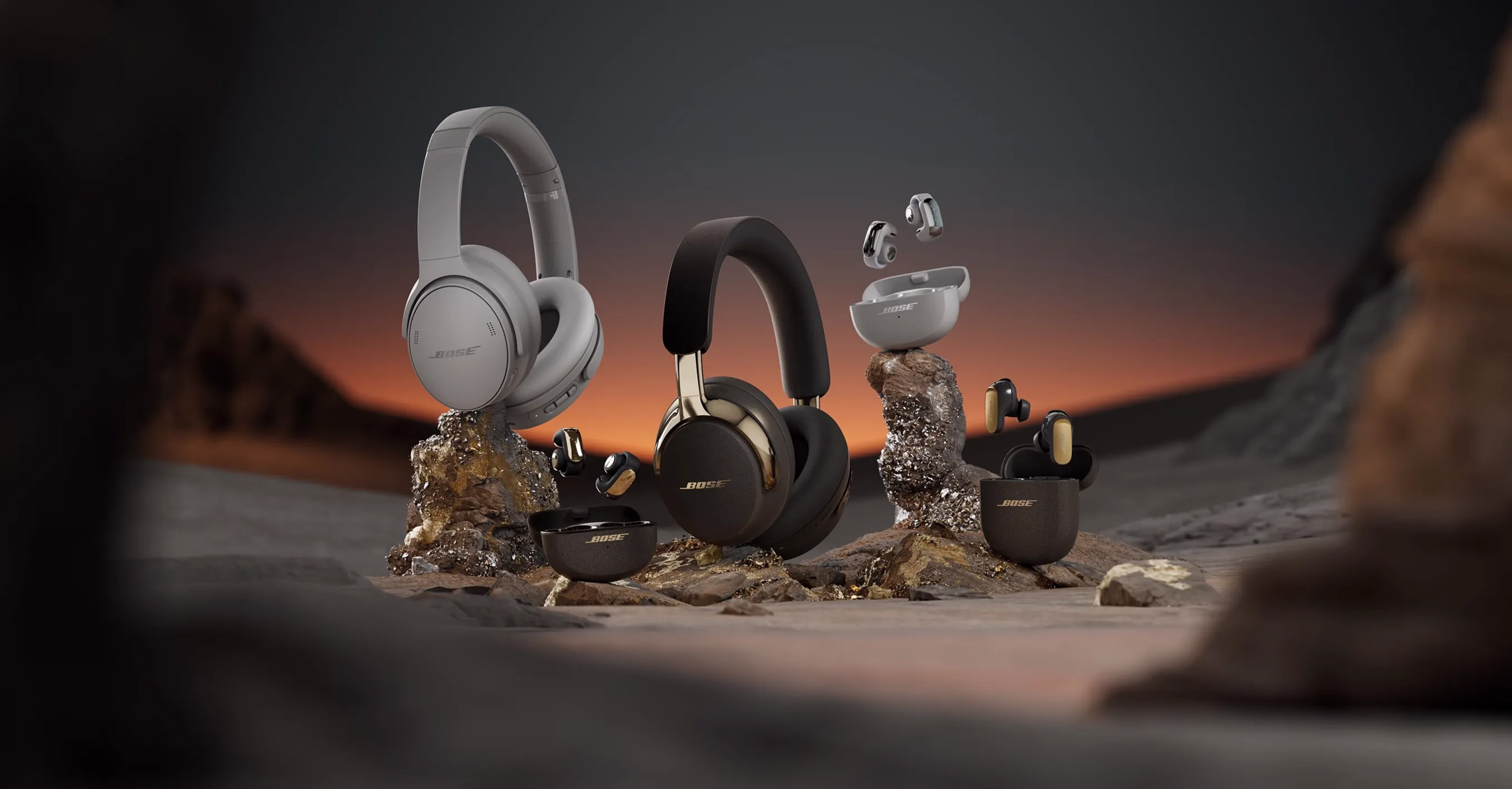Bose QuietComfort Headphones in Moonlight Grey, Bose Ultra Open Earbuds in Desert Gold, Bose QuietComfort Ultra Headphones (2nd Gen) in Desert Gold, Bose Ultra Open Earbuds in Moonlight Grey, and Bose QuietComfort Ultra Earbuds (2nd Gen) in Desert Gold.