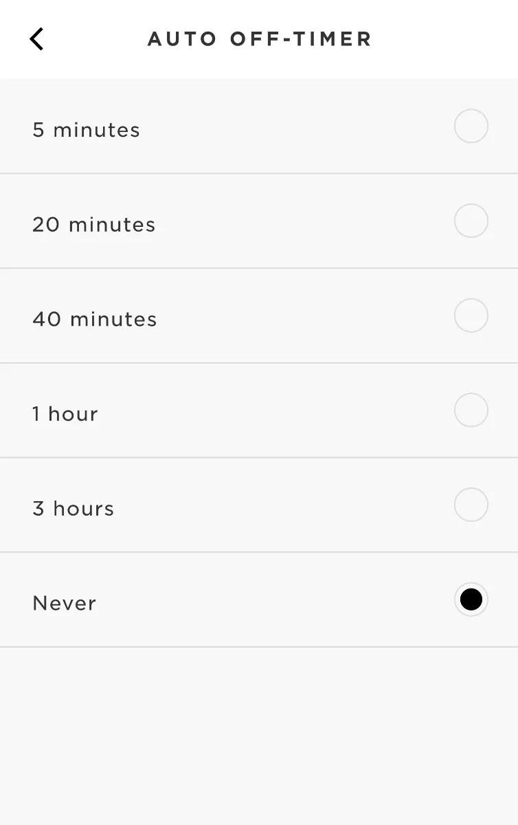 Settings menu for auto off-timer