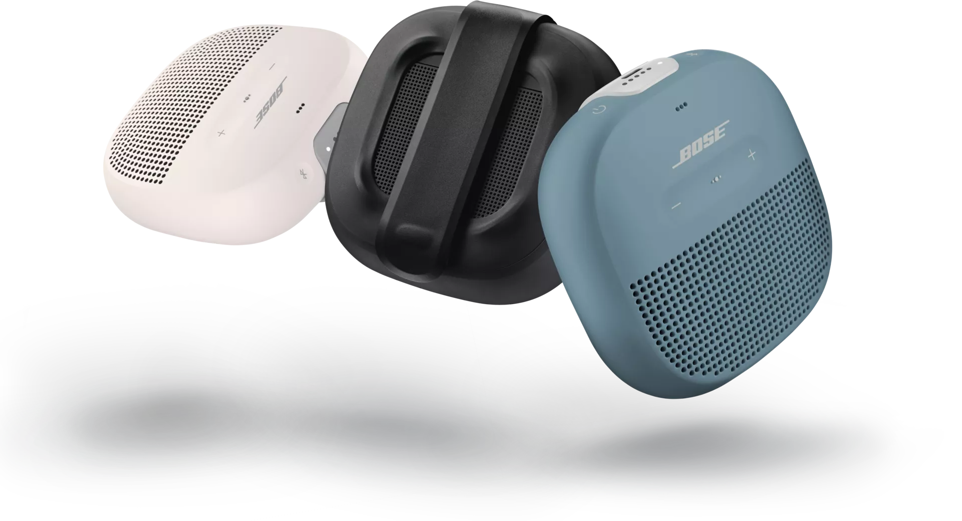 Enceintes Bluetooth SoundLink Micro de Bose en blanc fum&eacute;, en noir et en bleu pierre