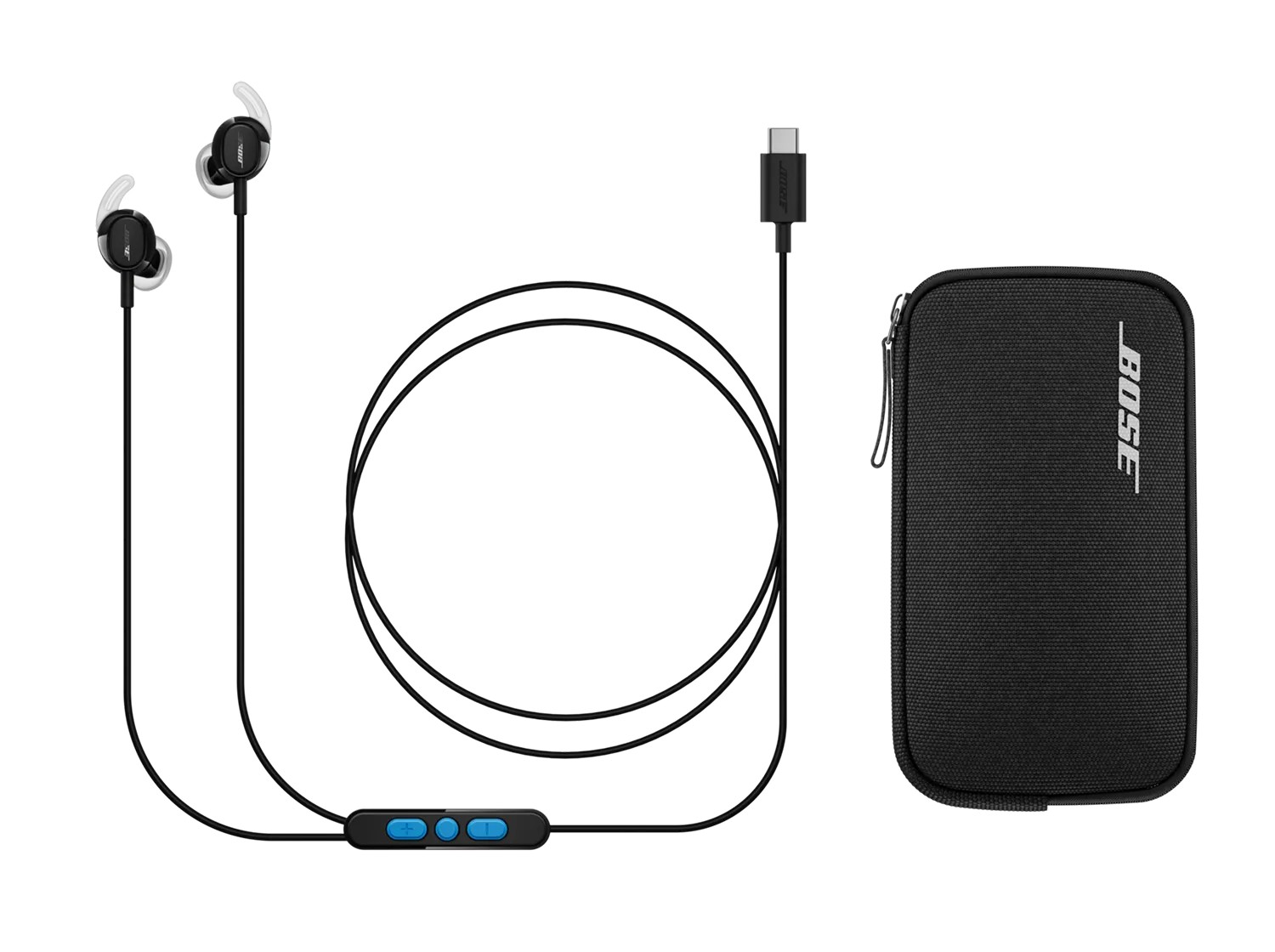 Bose Noise Cancelling Wired Earbuds in black with the USB-C cable, in-line remote and zippered carry case