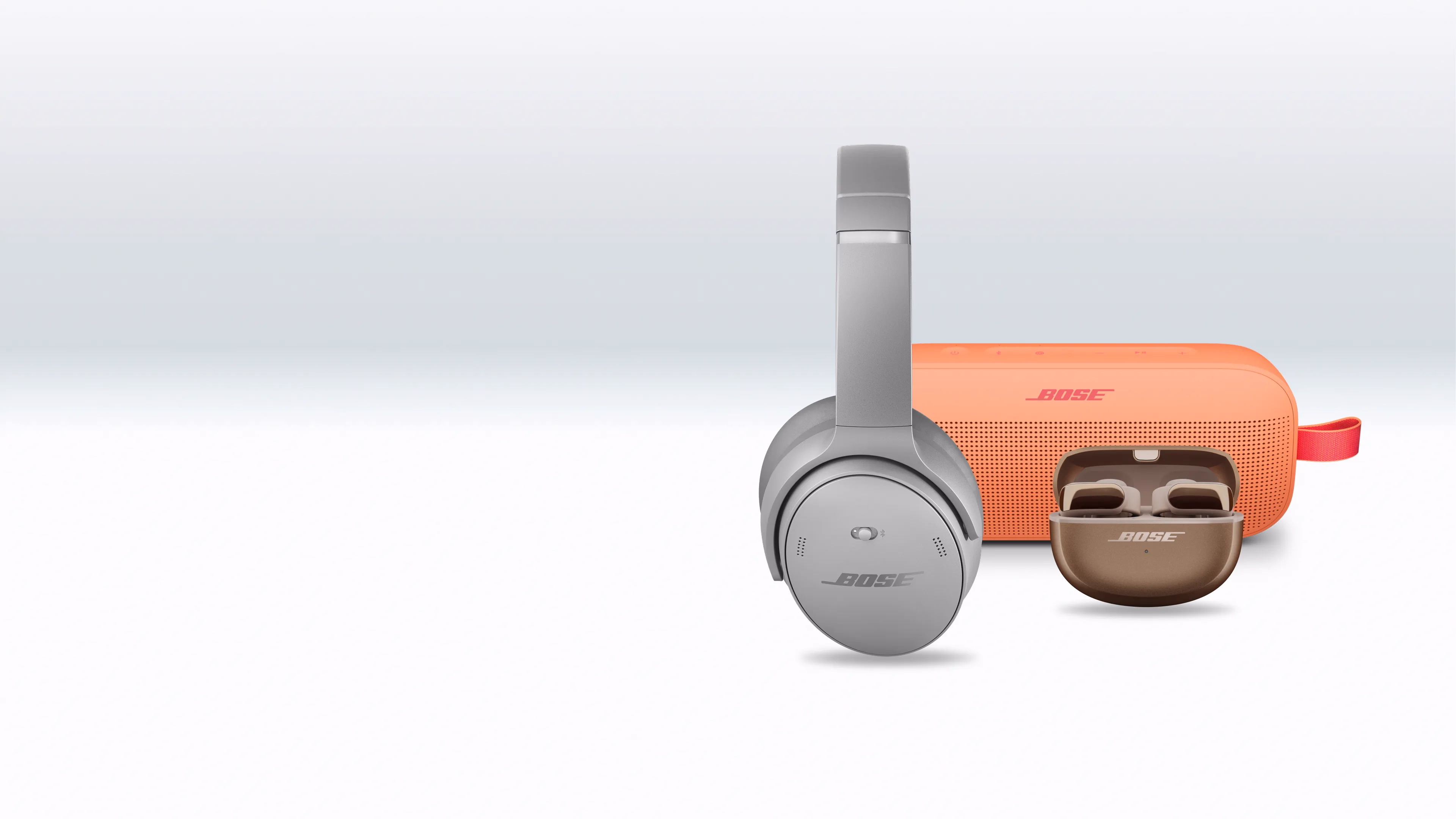 Bose QuietComfort Headphones, SoundLink Flex Portable Speaker (2nd Gen), and Bose Ultra Open Earbuds.