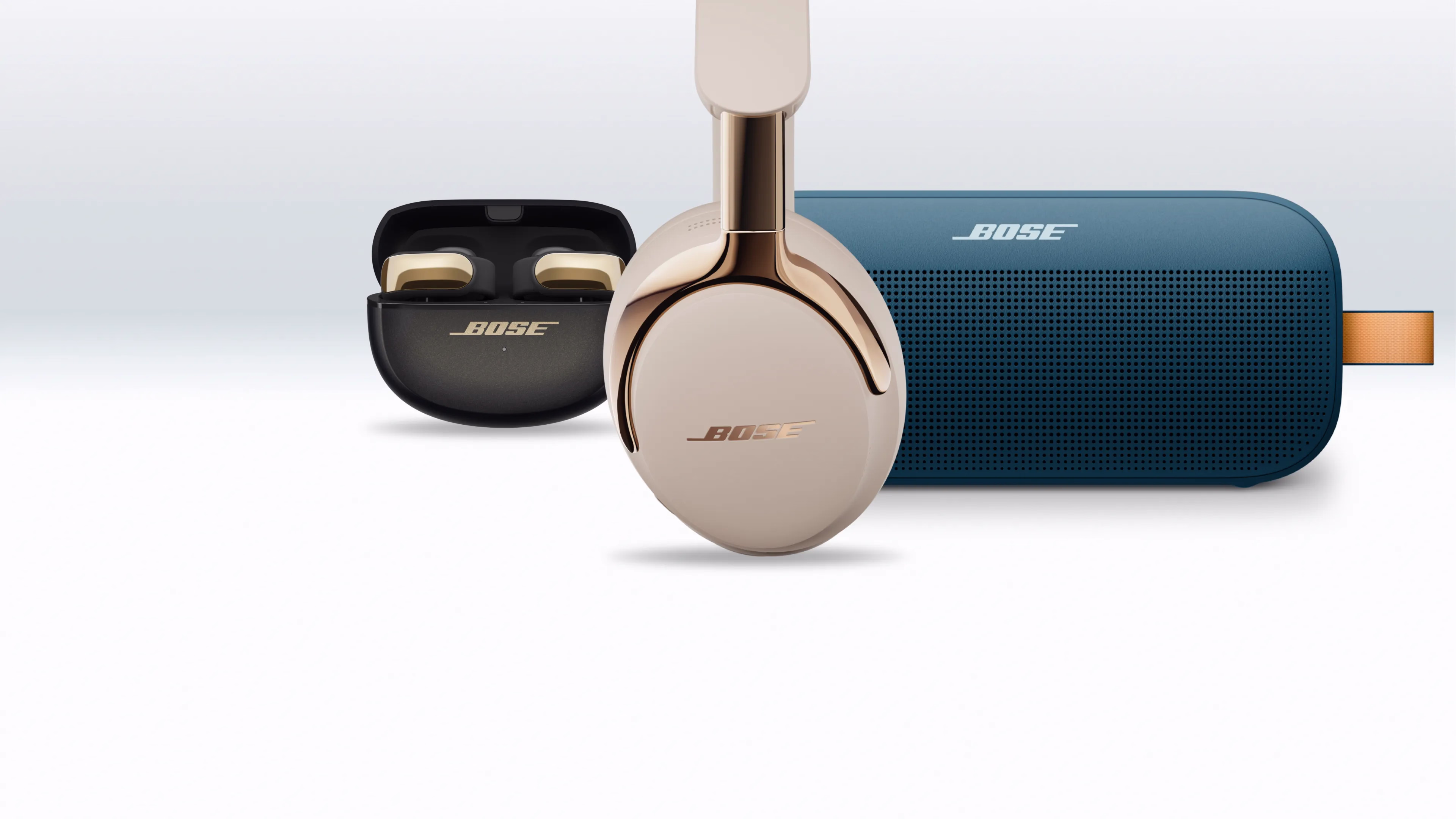 &Eacute;couteurs oreilles libres Bose Ultra, casque QuietComfort Ultra (2e&nbsp;g&eacute;n&eacute;ration) et enceinte portable SoundLink Flex (2e&nbsp;g&eacute;n&eacute;ration)