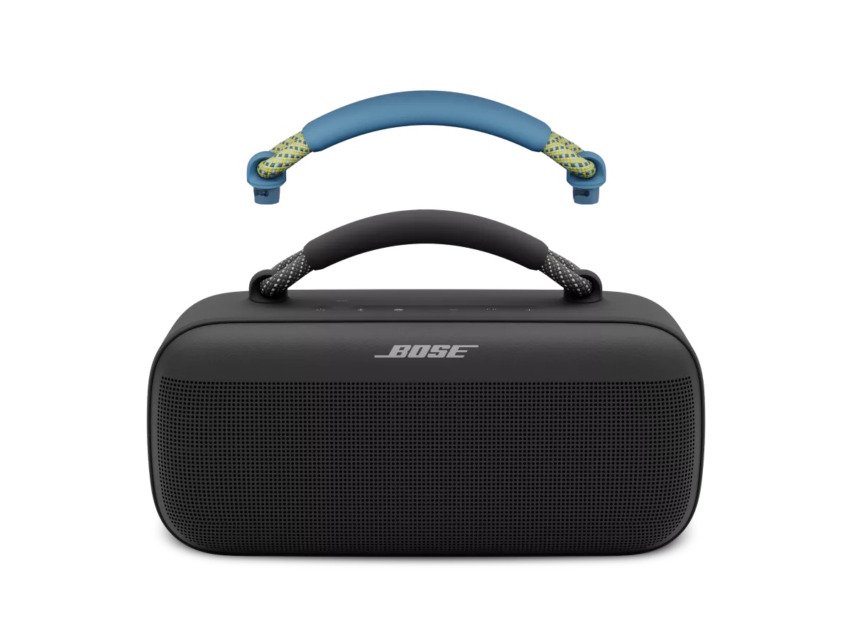Bose SoundLink Max Rope Handle, farba Blue Dusk/Hyper Citron, nasadená na reproduktore