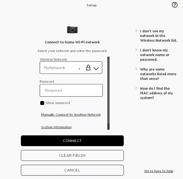 SoundTouch app screen showing network name and password