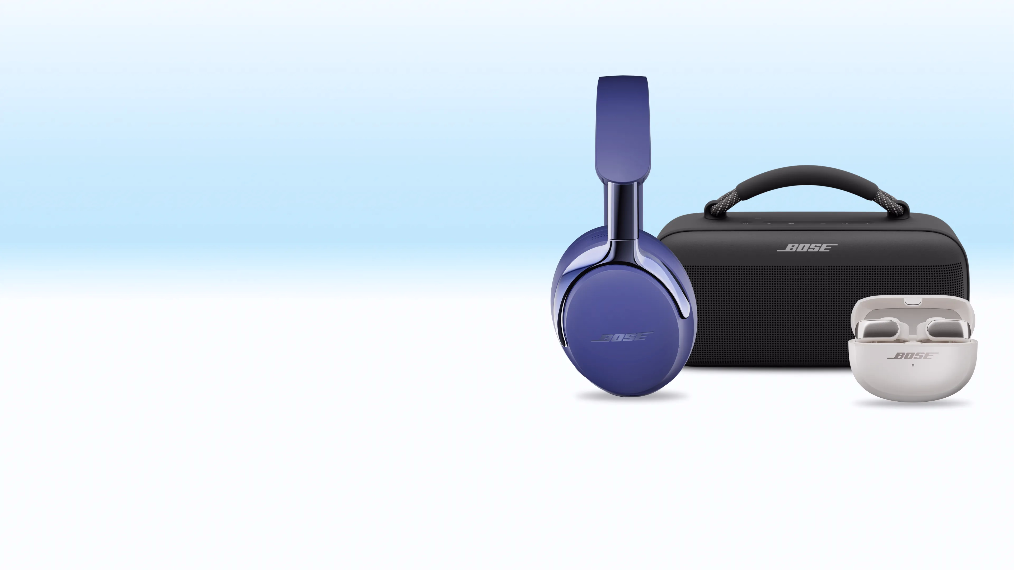 Casque Bose QuietComfort Ultra (2e&nbsp;g&eacute;n&eacute;ration), enceinte portable SoundLink Max et &eacute;couteurs oreilles libres Bose Ultra (1re&nbsp;g&eacute;n&eacute;ration).