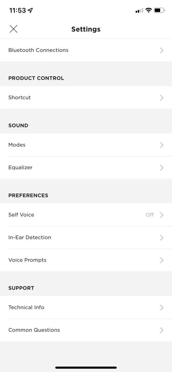 settings screen