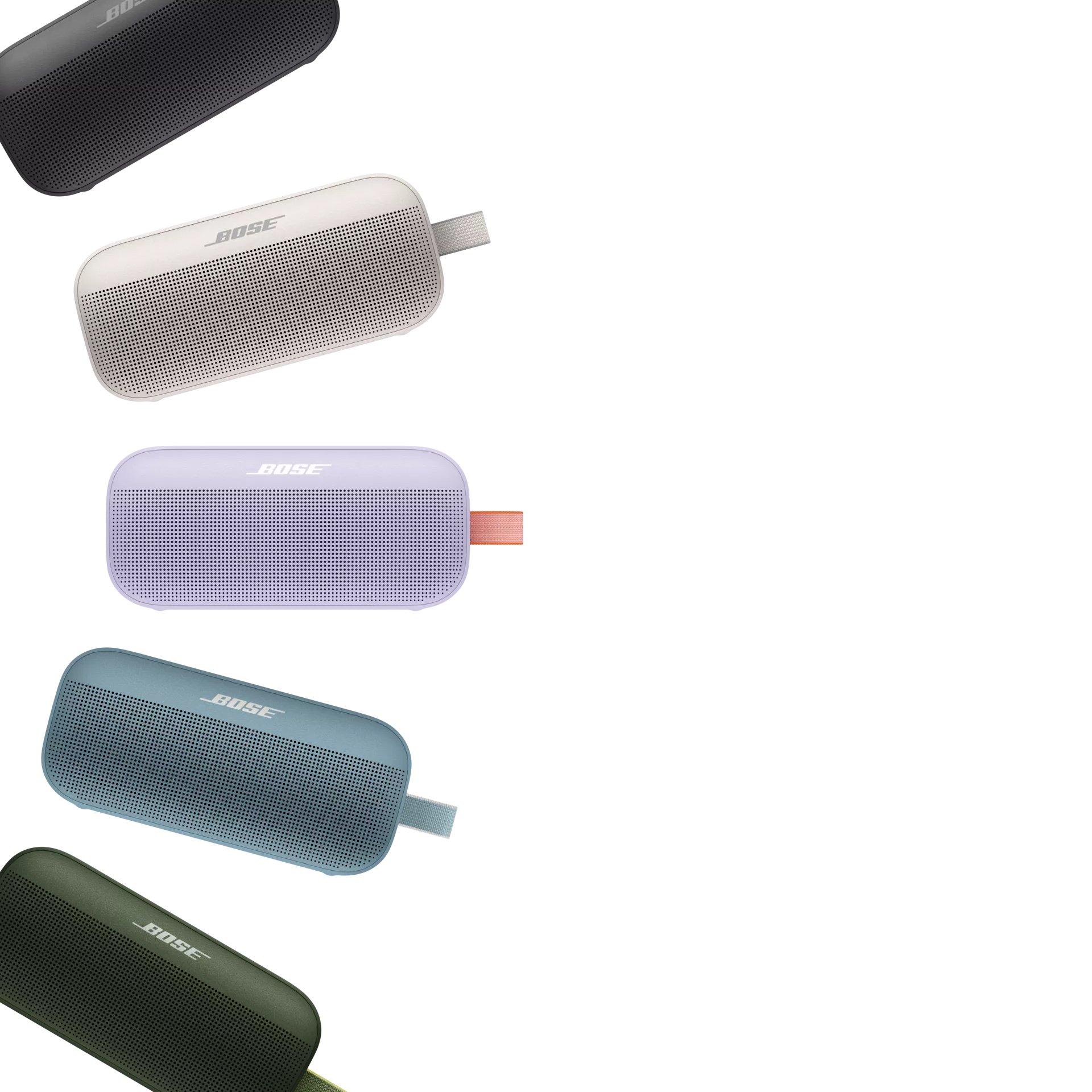 Black, Cypress Green, Stone Blue, Carmine Red, and White Smoke SoundLink Flex Bluetooth Speakers