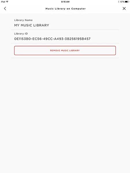 Music library screen in the SoundTouch app with remove music library button highlighted