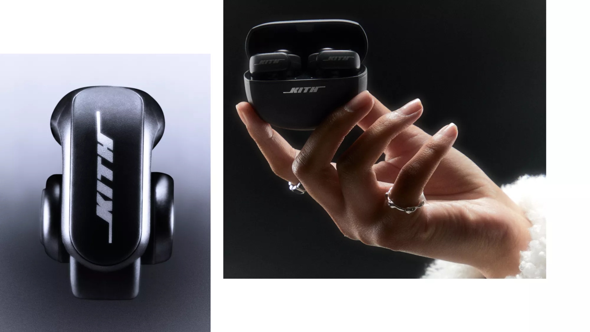 Side view of a Kith for Bose Ultra Open Earbud showing the eKITH logo and a woman holding the charging case showing the Kith for Bose Ultra Open Earbuds