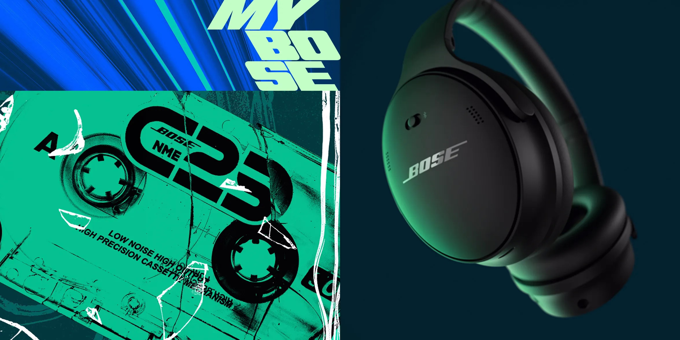 Bose QuietComfort Headphones and the Bose × NME: C25 Mixtape graphic with the My Bose logo