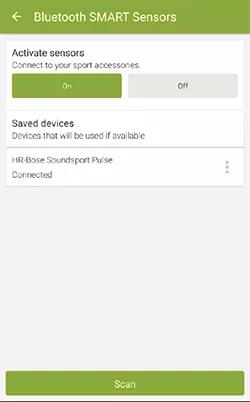 App showing heart rate sensor connected