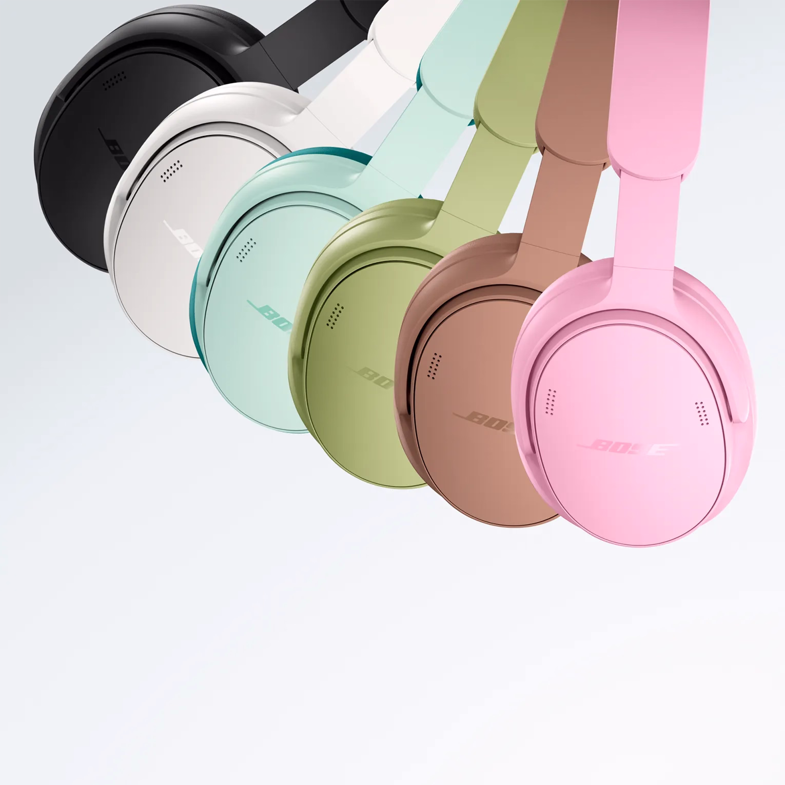ブラック、ツートンカラーのデュードロップミント、ユーカリグリーン、ローズウッドモーブ、またはホワイトスモークのBose QuietComfort Headphones (第2世代)。