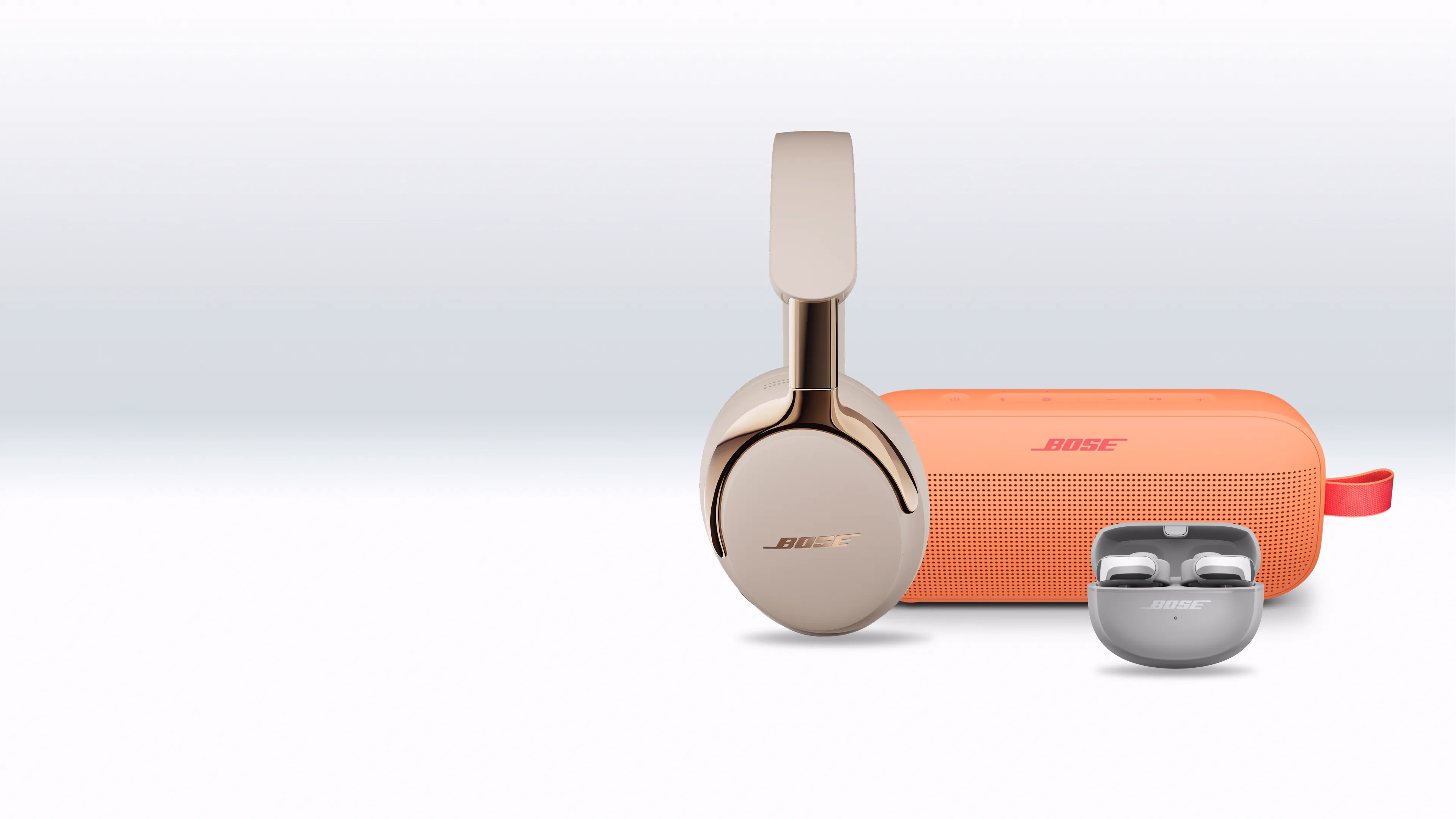 Bose QuietComfort Ultra Headphones (2nd Gen), SoundLink Flex Portable Speaker (2nd Gen), and QuietComfort Ultra Earbuds (2nd Gen).