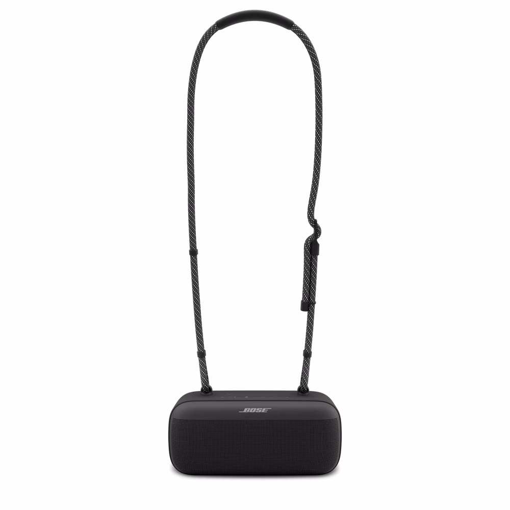Black SoundLink Max Portable Speaker with a shoulder strap in a white background.