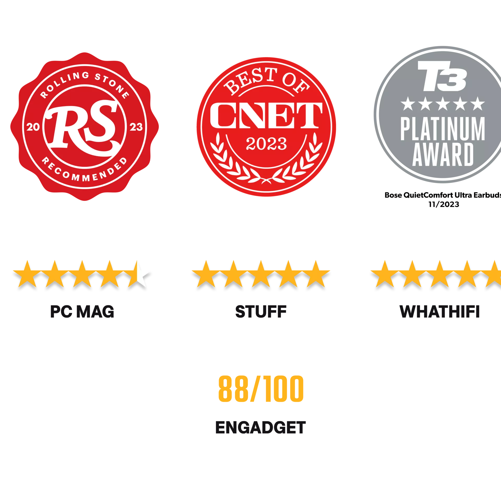 Rolling Stone Recommended 2023 badge, CNET Best of 2023 badge, T3 five-star Platinum Award 11/2023 badge, PC Mag 4.5/5 stars, Stuff 5/5 stars, What HiFi 5/5 stars, Engadget 88/100 rating