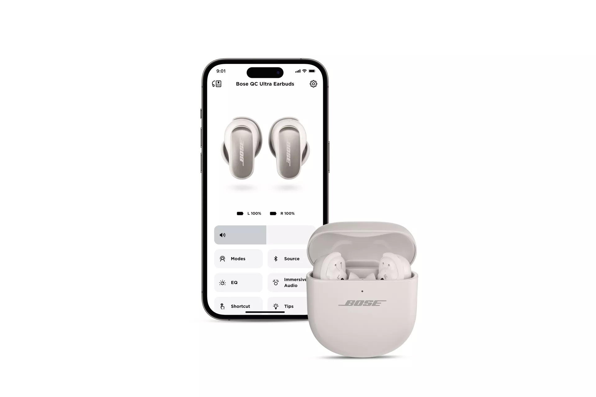 QuietComfort Ultra Earbuds in case with lid open and iPhone connected via Bluetooth on white background