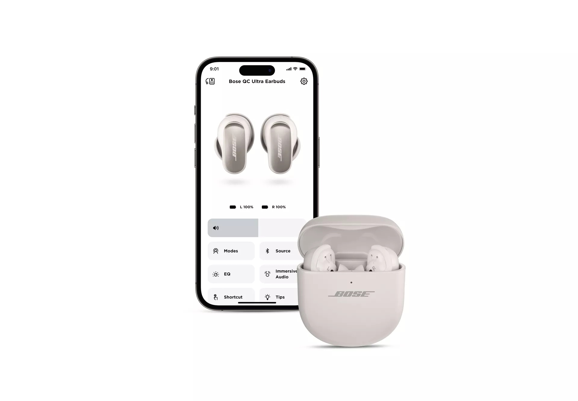 Les écouteurs Bose QuietComfort Ultra avec un étui ouvert reposant près d’un téléphone intelligent avec l’application Bose