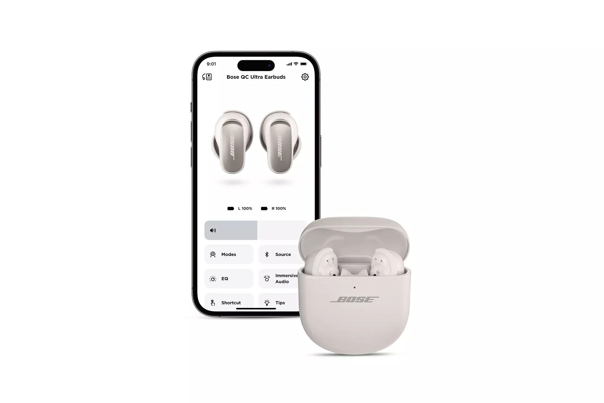 QuietComfort Ultra Earbuds in case with lid open and iPhone connected via Bluetooth on white background