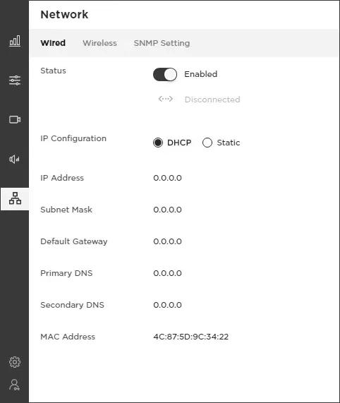 Wired network details in the Videobar Configuration app