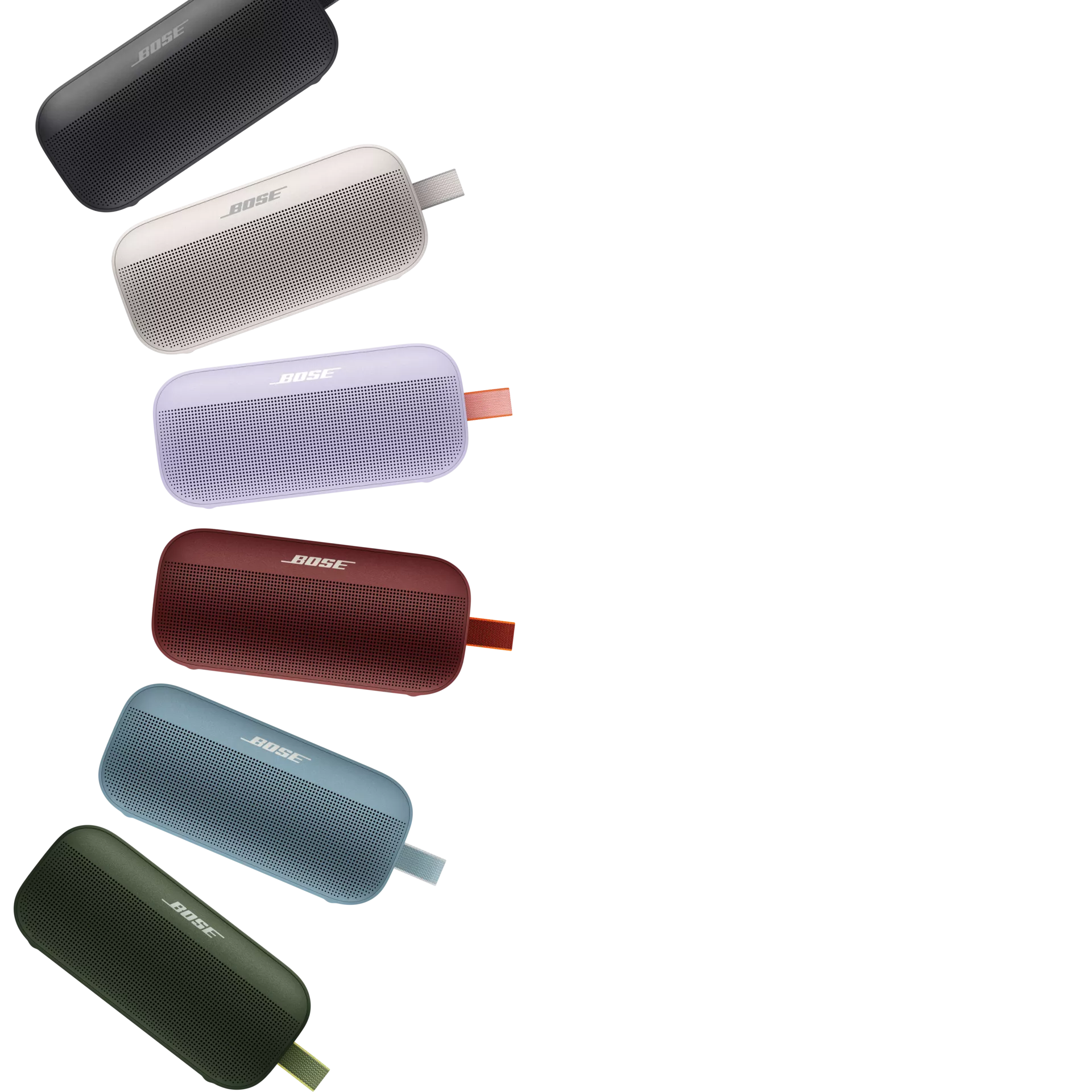 Les enceintes Bluetooth SoundLink Flex en noir, vert cyprès, rouge carmin, bleu pierre et blanc fumé