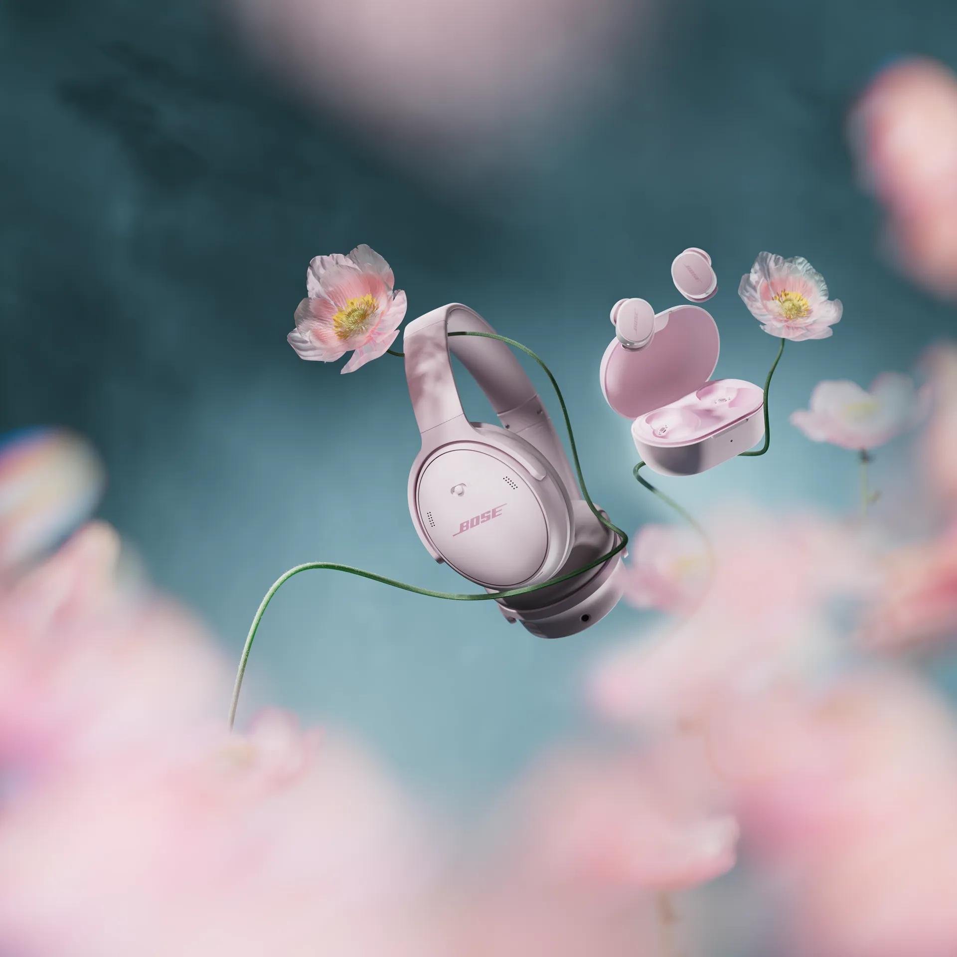 Bose QuietComfort Headphones and QuietComfort Earbuds in Petal Pink.