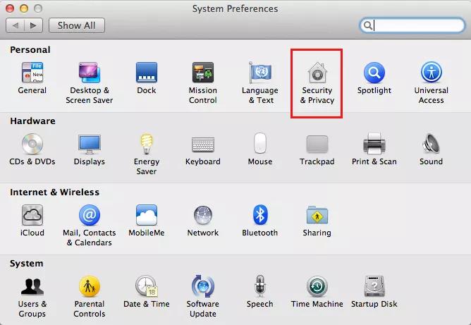 Security and Privacy selection in the System Preferences window