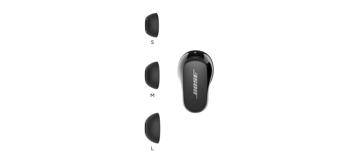 The 3 sizes of Bose QuietComfort II eartips (small, medium, and large) 