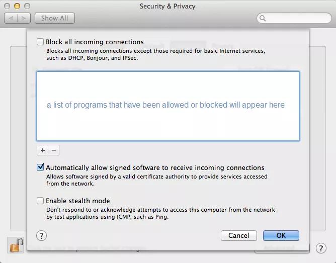 Firewall Options pop-up window
