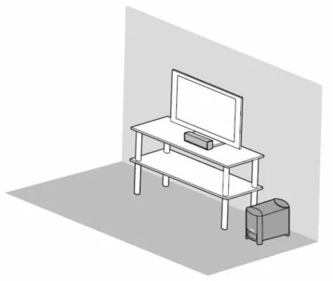 Speaker array in front of a TV with the Acoustimass module on the floor beside it