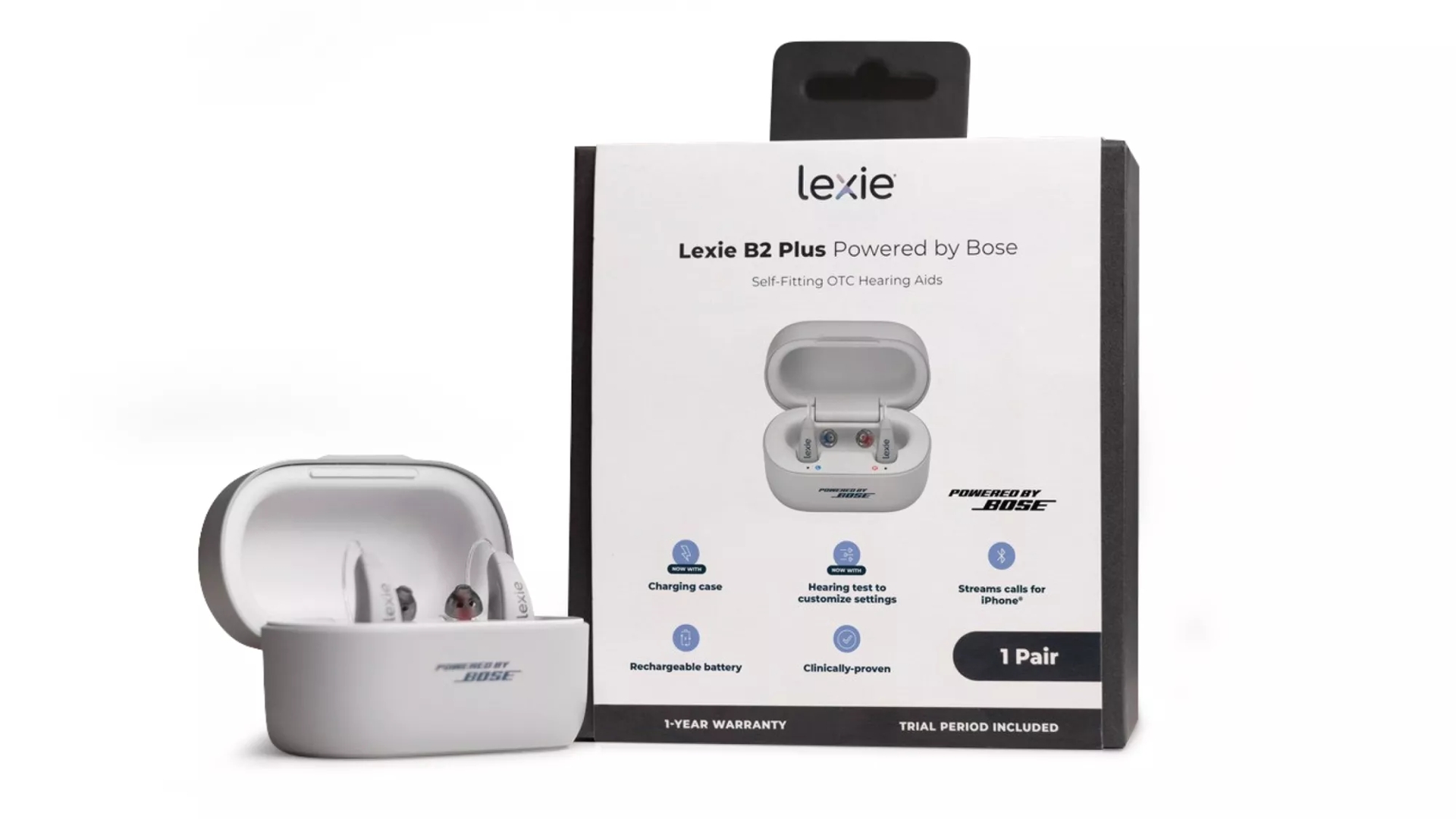 Lexie B2 Plus self-fitting OTC Hearing Aids in their case next to the product’s carton
